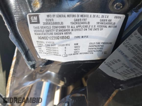 ✅ 2005 Chevrolet Avalanche Z66 • VIN: 3GNEC12Z35G105043 • Lot: 37948404. Listed on IAAI with Not provided. Free auction sales archive from the USA and detailed vehicle history report at DreamBid. Image 9.