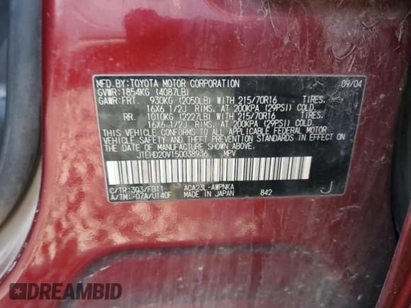 ✅ 2005 Toyota RAV4 • VIN: JTEHD20V150038936 • Lot: 92452815. Listed on Copart with 175,309 mi. Free auction sales archive from the USA and detailed vehicle history report at DreamBid. Image 13.