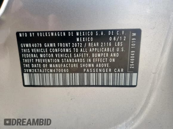 ✅ 2012 Volkswagen Jetta S • VIN: 3VW2K7AJ7CM470060 • Lot: 57888585. Listed on Copart with 152,166 mi. Free auction sales archive from the USA and detailed vehicle history report at DreamBid. Image 12.