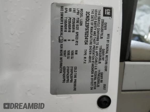 ✅ 2007 Chevrolet Equinox LS • VIN: 2CNDL23F976234154 • Лот: 84202054. Опубликован ранее на Copart с пробегом Не указан. Бесплатный доступ к архиву аукционных продаж из США и подробный отчёт об истории автомобиля на DreamBid. Изображение 14.