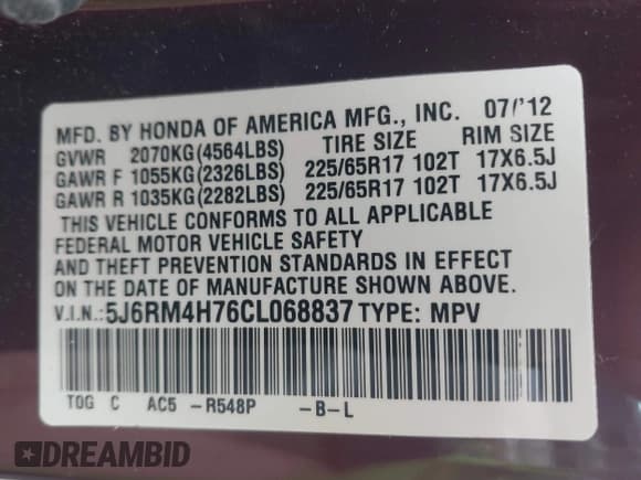 ✅ 2012 Honda CR-V EX-L • VIN: 5J6RM4H76CL068837 • Lot: 42298972. Listed on IAAI with 169,506 mi. Free auction sales archive from the USA and detailed vehicle history report at DreamBid. Image 9.