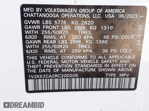 ✅ 2024 Volkswagen Atlas SE • VIN: 1V2KE2CA2RC200205 • Lot: 43342374. Listed on IAAI with 51,099 mi. Free auction sales archive from the USA and detailed vehicle history report at DreamBid. Image 9.
