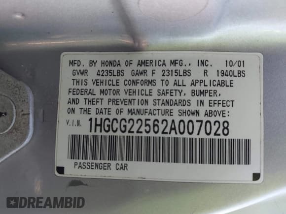 ✅ 2002 Honda Accord EX • VIN: 1HGCG22562A007028 • Lot: 43531474. Listed on IAAI with 181,579 mi. Free auction sales archive from the USA and detailed vehicle history report at DreamBid. Image 9.
