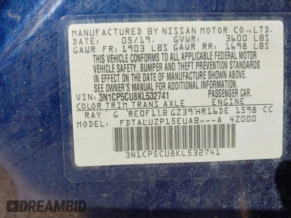 ✅ 2019 Nissan Kicks SV • VIN: 3N1CP5CU8KL532741 • Lot: 43448976. Listed on IAAI with 106,291 mi. Free auction sales archive from the USA and detailed vehicle history report at DreamBid. Image 9.