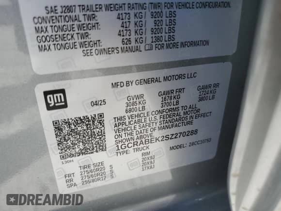 ✅ 2025 Chevrolet Silverado 1500 Custom • VIN: 1GCRABEK2SZ270288 • Лот: 86295395. Опубликован ранее на Copart с пробегом 3 329 миль. Бесплатный доступ к архиву аукционных продаж из США и подробный отчёт об истории автомобиля на DreamBid. Изображение 12.