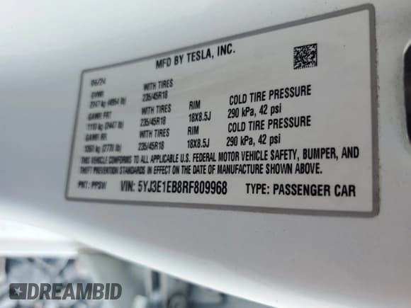 ✅ 2024 Tesla Model 3 Long Range • VIN: 5YJ3E1EB8RF809968 • Lot: 92252855. Listed on Copart with Not provided. Free auction sales archive from the USA and detailed vehicle history report at DreamBid. Image 12.