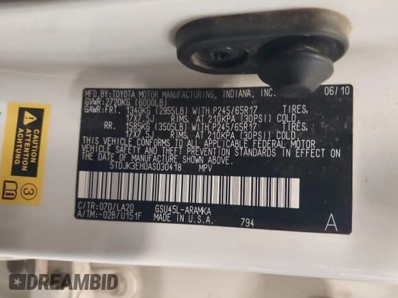 ✅ 2010 Toyota Highlander SE • VIN: 5TDJK3EH0AS030418 • Lot: 42840688. Listed on IAAI with 245,551 mi. Free auction sales archive from the USA and detailed vehicle history report at DreamBid. Image 9.