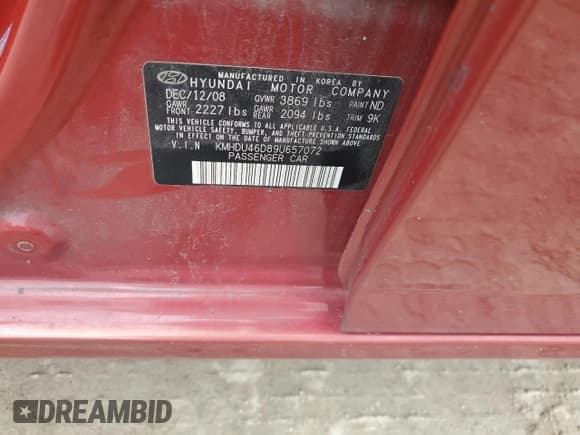 ✅ 2009 Hyundai Elantra GLS • VIN: KMHDU46D89U657072 • Lot: 68791705. Wystawiony na Copart z przebiegiem 165 401 mil. Bezpłatny archiwum sprzedaży aukcyjnych z USA i szczegółowy raport historii pojazdu na DreamBid. Zdjęcie 12.