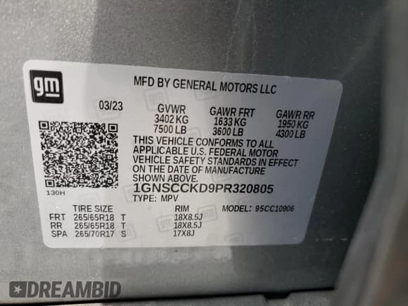 ✅ 2023 Chevrolet Suburban LT • VIN: 1GNSCCKD9PR320805 • Lot: 80710805. Listed on Copart with 65,249 mi. Free auction sales archive from the USA and detailed vehicle history report at DreamBid. Image 13.