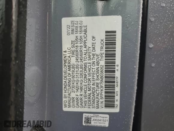 ✅ 2022 Honda Ridgeline RTL-E • VIN: 5FPYK3F75NB038052 • Lot: 90275235. Listed on Copart with 73,543 mi. Free auction sales archive from the USA and detailed vehicle history report at DreamBid. Image 12.