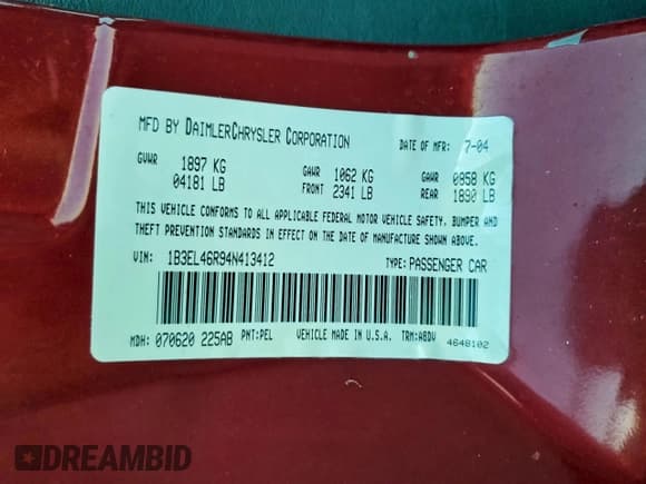 ✅ 2004 Dodge Stratus SXT • VIN: 1B3EL46R94N413412 • Lot: 96225365. Listed on Copart with 59,907 mi. Free auction sales archive from the USA and detailed vehicle history report at DreamBid. Image 12.