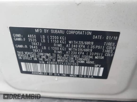 ✅ 2018 Subaru Outback Touring • VIN: 4S4BSETCXJ3301053 • Lot: 43622800. Listed on IAAI with 54,525 mi. Free auction sales archive from the USA and detailed vehicle history report at DreamBid. Image 9.