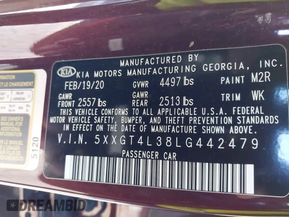 ✅ 2020 Kia Optima LX • VIN: 5XXGT4L38LG442479 • Lot: 41011297. Listed on IAAI with 84,779 mi. Free auction sales archive from the USA and detailed vehicle history report at DreamBid. Image 9.