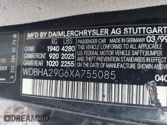 ✅ 1999 Mercedes-Benz C 230/260/280/320 • VIN: WDBHA29G6XA755085 • Lot: 43183129. Listed on IAAI with 176,016 mi. Free auction sales archive from the USA and detailed vehicle history report at DreamBid. Image 9.