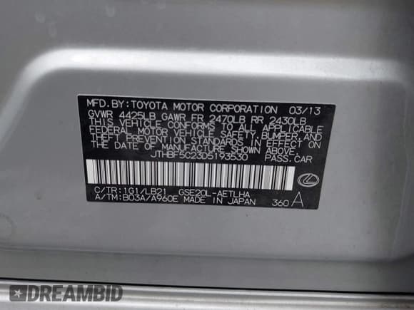 ✅ 2013 Lexus IS 250 • VIN: JTHBF5C23D5193530 • Лот: 43303896. Опубликован ранее на IAAI с пробегом 184 252 миль. Бесплатный доступ к архиву аукционных продаж из США и подробный отчёт об истории автомобиля на DreamBid. Изображение 9.