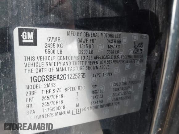 ✅ 2016 Chevrolet Colorado 2WD WT • VIN: 1GCGSBEA2G1225255 • Lot: 41694399. Listed on IAAI with 171,754 mi. Free auction sales archive from the USA and detailed vehicle history report at DreamBid. Image 9.