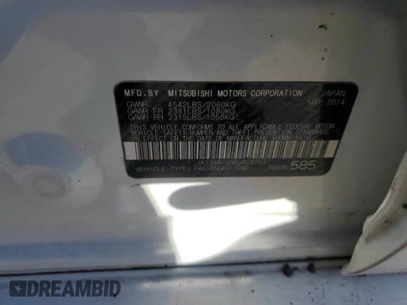 ✅ 2014 Mitsubishi Lancer Evolution GSR • VIN: JA32W8FV5EU023703 • Lot: 72744504. Listed on Copart with Not provided. Free auction sales archive from the USA and detailed vehicle history report at DreamBid. Image 13.