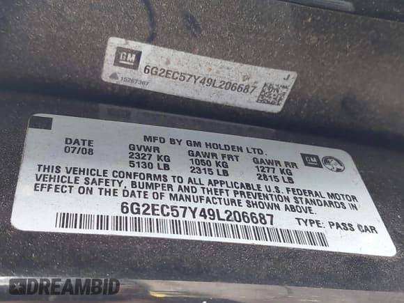 ✅ 2009 Pontiac G8 GT • VIN: 6G2EC57Y49L206687 • Лот: 43306196. Опубликован ранее на IAAI с пробегом 155 711 миль. Бесплатный доступ к архиву аукционных продаж из США и подробный отчёт об истории автомобиля на DreamBid. Изображение 9.