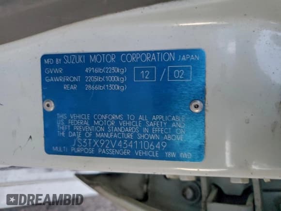 ✅ 2003 Suzuki XL7 Touring • VIN: JS3TX92V434110649 • Lot: 94664685. Listed on Copart with 173,322 mi. Free auction sales archive from the USA and detailed vehicle history report at DreamBid. Image 12.