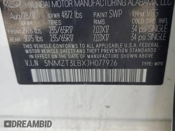 2018 Hyundai Santa Fe 2.4L with VIN 5NMZT3LBXJH077926, listed as a Copart auction lot 86124935 with 193,067 mi miles and Salvage title. Bid and sale history available at DreamBid. Image 12.