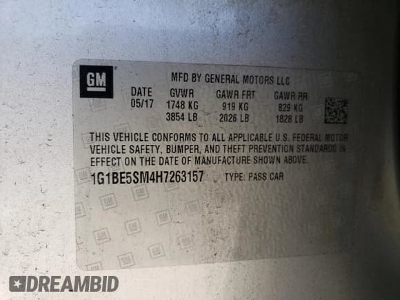 ✅ 2017 Chevrolet Cruze LT • VIN: 1G1BE5SM4H7263157 • Lot: 46839503. Listed on Copart with 90,330 mi. Free auction sales archive from the USA and detailed vehicle history report at DreamBid. Image 12.