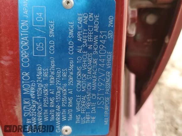 ✅ 2004 Suzuki XL7 LX • VIN: JS3TY92V744109431 • Lot: 46591235. Listed on Copart with 225,322 mi. Free auction sales archive from the USA and detailed vehicle history report at DreamBid. Image 13.