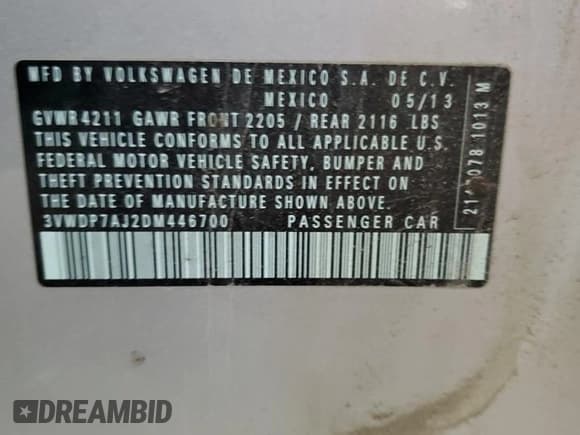 ✅ 2013 Volkswagen Jetta SE • VIN: 3VWDP7AJ2DM446700 • Lot: 80859175. Listed on Copart with 212,709 mi. Free auction sales archive from the USA and detailed vehicle history report at DreamBid. Image 12.