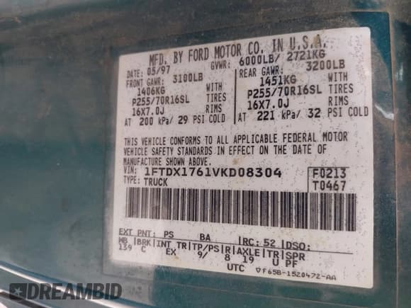 ✅ 1997 Ford F-150 • VIN: 1FTDX1761VKD08304 • Lot: 42643750. Listed on IAAI with 126,247 mi. Free auction sales archive from the USA and detailed vehicle history report at DreamBid. Image 9.