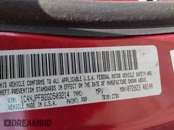 ✅ 2016 Jeep Patriot Latitude • VIN: 1C4NJPFB2GD503214 • Lot: 42279900. Listed on IAAI with 130,002 mi. Free auction sales archive from the USA and detailed vehicle history report at DreamBid. Image 9.