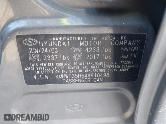 ✅ 2004 Hyundai Sonata GLS • VIN: KMHWF35H64A918498 • Lot: 42306212. Listed on IAAI with 99,877 mi. Free auction sales archive from the USA and detailed vehicle history report at DreamBid. Image 9.