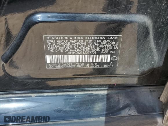 ✅ 2008 Lexus IS 250 • VIN: JTHBK262182077708 • Lot: 85842135. Listed on Copart with 140,644 mi. Free auction sales archive from the USA and detailed vehicle history report at DreamBid. Image 12.