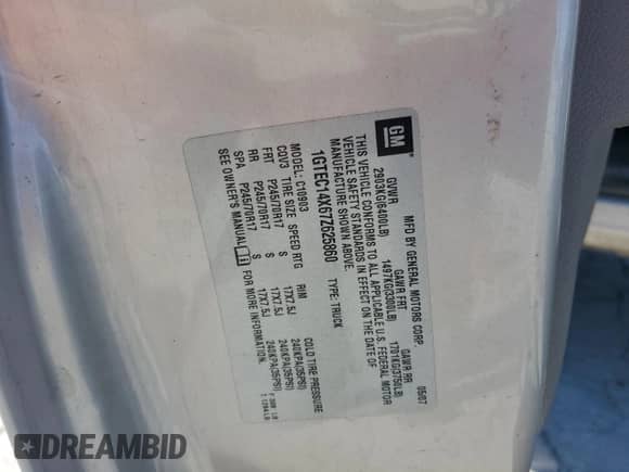 2007 GMC Sierra 1500 Work Truck with VIN 1GTEC14X67Z625860, listed as a Copart auction lot 86104225 with 118,452 mi miles and Salvage title. Bid and sale history available at DreamBid. Image 12.