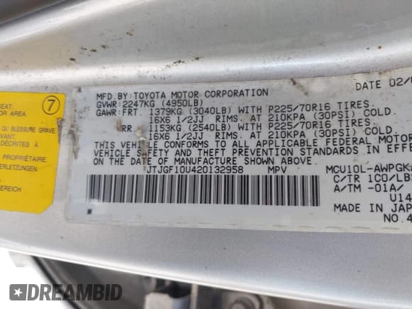 ✅ 2002 Lexus RX 300 • VIN: JTJGF10U420132958 • Lot: 43044233. Wystawiony na IAAI z przebiegiem 210 099 mil. Bezpłatny archiwum sprzedaży aukcyjnych z USA i szczegółowy raport historii pojazdu na DreamBid. Zdjęcie 9.