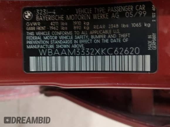 1999 BMW 3 Series 323i with VIN WBAAM3332XKC62620, listed as a Copart auction lot 42955095 with 198,434 mi miles and Salvage title. Bid and sale history available at DreamBid. Image 14.
