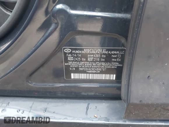 2014 Hyundai Sonata GLS with VIN 5NPEB4AC6EH896797, listed as a IAAI auction lot 43310178 with 175,233 mi miles and . Bid and sale history available at DreamBid. Image 9.