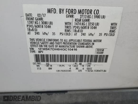 ✅ 2017 Ford Explorer XLT • VIN: 1FM5K7DH6HGC10416 • Lot: 89698655. Listed on Copart with 126,525 mi. Free auction sales archive from the USA and detailed vehicle history report at DreamBid. Image 14.