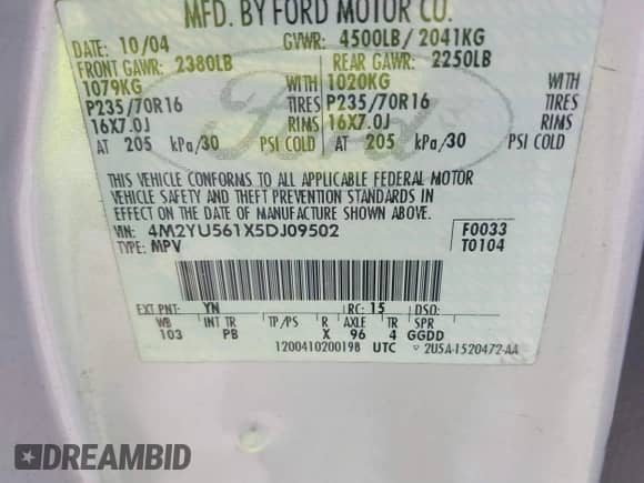 2005 Mercury Mariner Luxury z VIN 4M2YU561X5DJ09502, wystawiony jako IAAI lot #37069354 z przebiegiem Nie podano mil oraz . Historia ofert i sprzedaży dostępna na DreamBid. Obrazek 9.