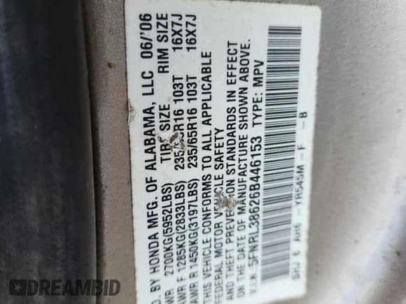 ✅ 2006 Honda Odyssey EX-L • VIN: 5FNRL38626B446153 • Lot: 70833965. Listed on Copart with 198,416 mi. Free auction sales archive from the USA and detailed vehicle history report at DreamBid. Image 14.