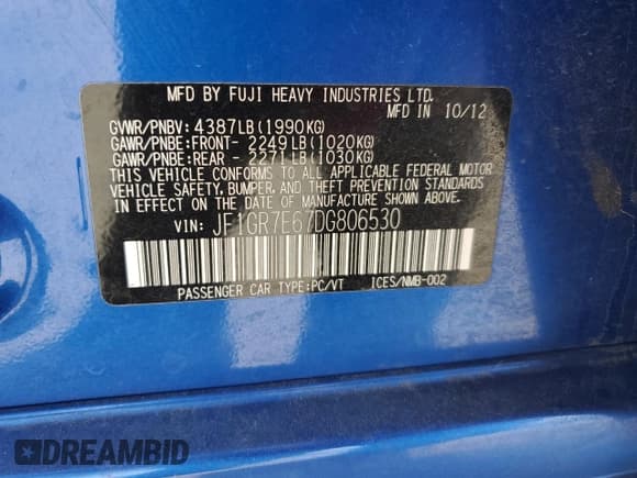 ✅ 2013 Subaru WRX WRX • VIN: JF1GR7E67DG806530 • Lot: 52898995. Listed on Copart with 95,439 mi. Free auction sales archive from the USA and detailed vehicle history report at DreamBid. Image 13.