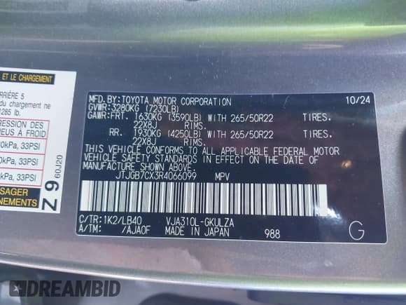 ✅ 2024 Lexus LX 600 Luxury • VIN: JTJGB7CX3R4066099 • Lot: 43623380. Listed on IAAI with 9,180 mi. Free auction sales archive from the USA and detailed vehicle history report at DreamBid. Image 9.