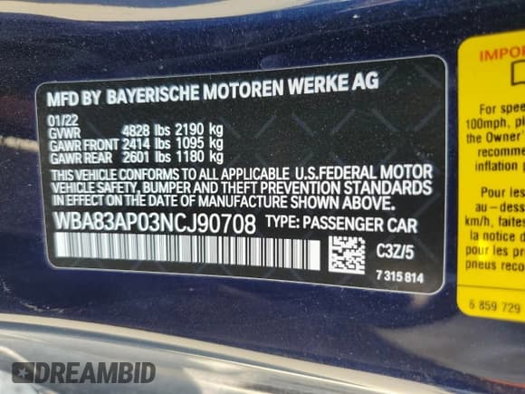 ✅ 2022 BMW 4 Series M440i • VIN: WBA83AP03NCJ90708 • Лот: 57323114. Опубликован ранее на Copart с пробегом 22 752 миль. Бесплатный доступ к архиву аукционных продаж из США и подробный отчёт об истории автомобиля на DreamBid. Изображение 13.