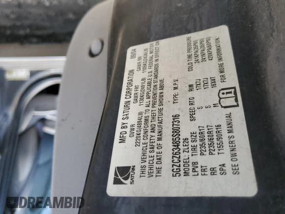 ✅ 2005 Saturn VUE • VIN: 5GZCZ63485S807316 • Lot: 59966365. Wystawiony na Copart z przebiegiem 128 020 mil. Bezpłatny archiwum sprzedaży aukcyjnych z USA i szczegółowy raport historii pojazdu na DreamBid. Zdjęcie 13.