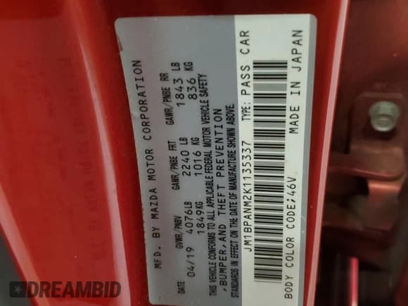 ✅ 2019 Mazda 3 Premium • VIN: JM1BPANM2K1135337 • Lot: 67985375. Wystawiony na Copart z przebiegiem 68 161 mil. Bezpłatny archiwum sprzedaży aukcyjnych z USA i szczegółowy raport historii pojazdu na DreamBid. Zdjęcie 12.