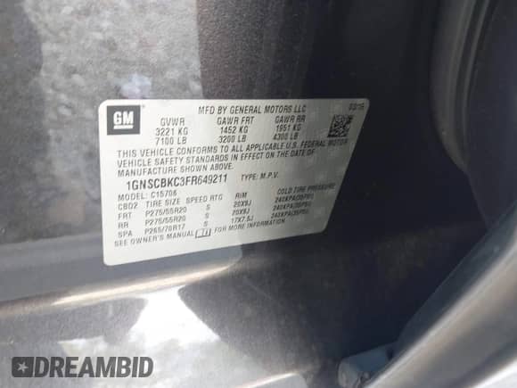 2015 Chevrolet Tahoe LT z VIN 1GNSCBKC3FR649211, wystawiony jako IAAI lot #43260542 z przebiegiem 88 436 mil mil oraz . Historia ofert i sprzedaży dostępna na DreamBid. Obrazek 9.