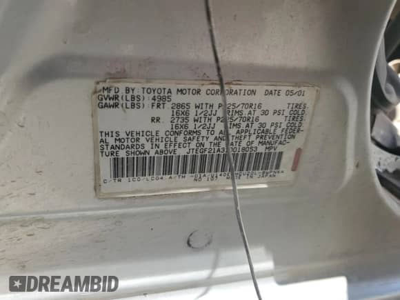 2001 Toyota Highlander с VIN JTEGF21A310018053, выставлен на аукционе Copart как лот 65593605 с пробегом Не указан миль и Списание • Salvage title. История ставок и продаж доступна на DreamBid. Изображение 12.