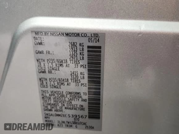 ✅ 2014 Infiniti QX60 • VIN: 5N1AL0MM2EC539567 • Lot: 87413205. Listed on Copart with 165,248 mi. Free auction sales archive from the USA and detailed vehicle history report at DreamBid. Image 13.