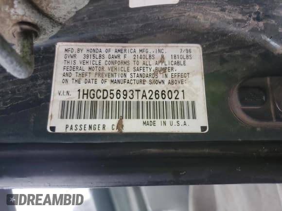 ✅ 1996 Honda Accord Value • VIN: 1HGCD5693TA266021 • Lot: 86699844. Wystawiony na Copart z przebiegiem 237 152 mil. Bezpłatny archiwum sprzedaży aukcyjnych z USA i szczegółowy raport historii pojazdu na DreamBid. Zdjęcie 12.