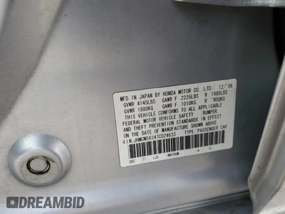 ✅ 2007 Honda Accord LX SE • VIN: JHMCM56347C024633 • Lot: 93850055. Listed on Copart with 159,227 mi. Free auction sales archive from the USA and detailed vehicle history report at DreamBid. Image 12.