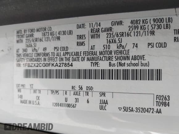 ✅ 2015 Ford Transit XL • VIN: 1FBZX2CG0FKA27854 • Лот: 42464645. Опубликован ранее на IAAI с пробегом 24 679 миль. Бесплатный доступ к архиву аукционных продаж из США и подробный отчёт об истории автомобиля на DreamBid. Изображение 9.