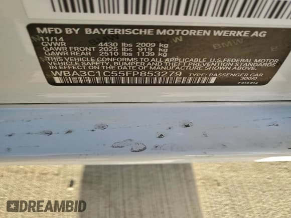 ✅ 2015 BMW 3 Series 328i • VIN: WBA3C1C55FP853279 • Lot: 92688135. Listed on Copart with 66,307 mi. Free auction sales archive from the USA and detailed vehicle history report at DreamBid. Image 12.